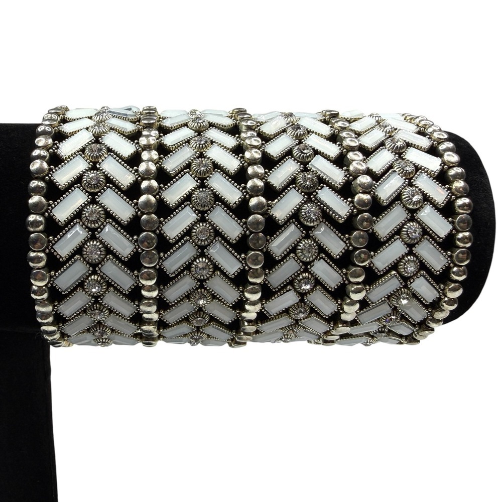 Stunning White Moon Stone & Crystal Wide Stretch Bracelet Silver Tone Jewelry